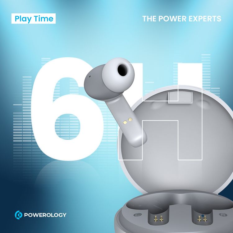 Powerology TWS Earbuds with Quad Mic ENC, 6h Playtime, Bluetooth 5.3, 30minutes Charging Time, 10m Transmission Distance, Type-C Port, Smart Touch Control, Wireless Charging - White