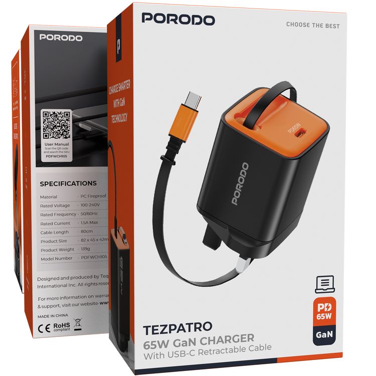 Porodo Tezpatro 65W GaN Charger with USB-C Retractable Cable, 1.5A Rated Current, 65W Power Delivery, 80cm Cable Length, Flame-Retardant Housing, Fast Charge Support - Black / Orange