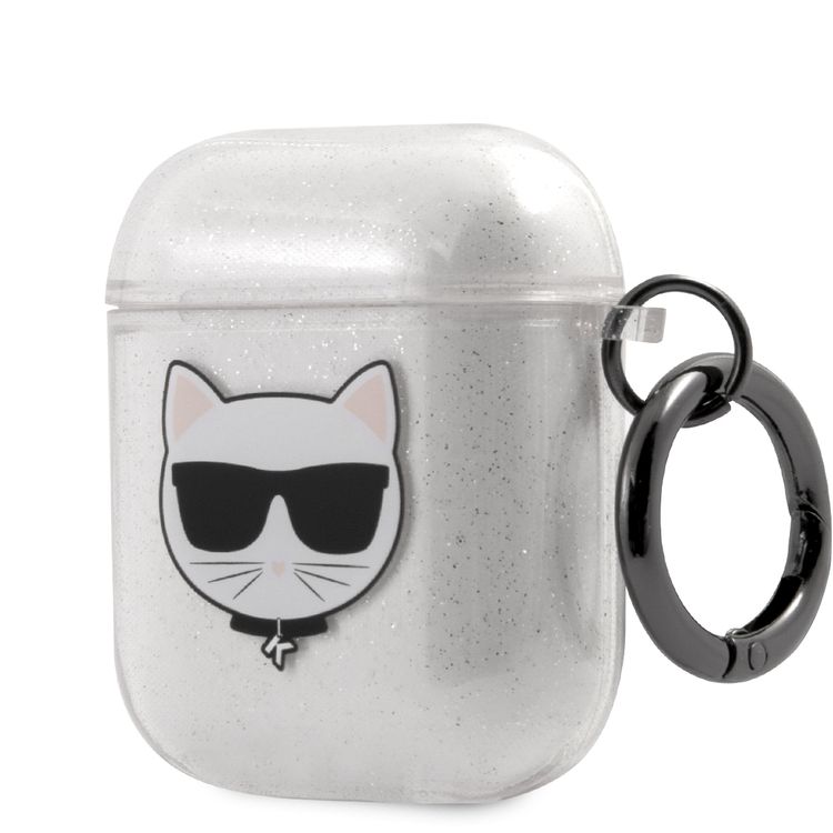 CG Mobile Karl Lagerfeld TPU Glitter Printed Embossed Choupette with Ring Case Compatible with AirPods 1 & 2, Scratch & Drop Protection Cover Officially Licensed - Silver