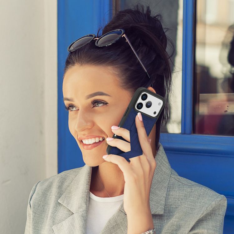 Levelo Morphix Cuero GripStand Case for iPhone 17 Pro Max, Raised Bezels for Camera & Screen, Shock-Resistant Bumper, Secure Hold, Horizontal & Vertical Viewing - Midnight Blue