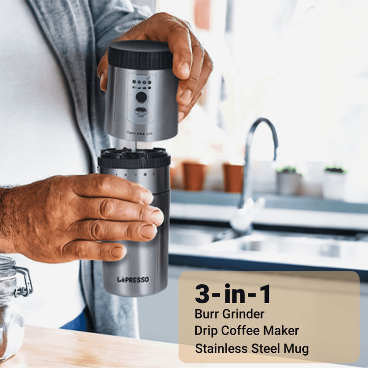 LePresso Portable Burr Mini Grinder and Coffee Maker with Type-C Charging Port, Adjustable Grind Size, Drip Filter, Travel Mug, 250mL Mug Capacity, 18g Coffee Bean Capacity, 1600mAh Battery - Silver