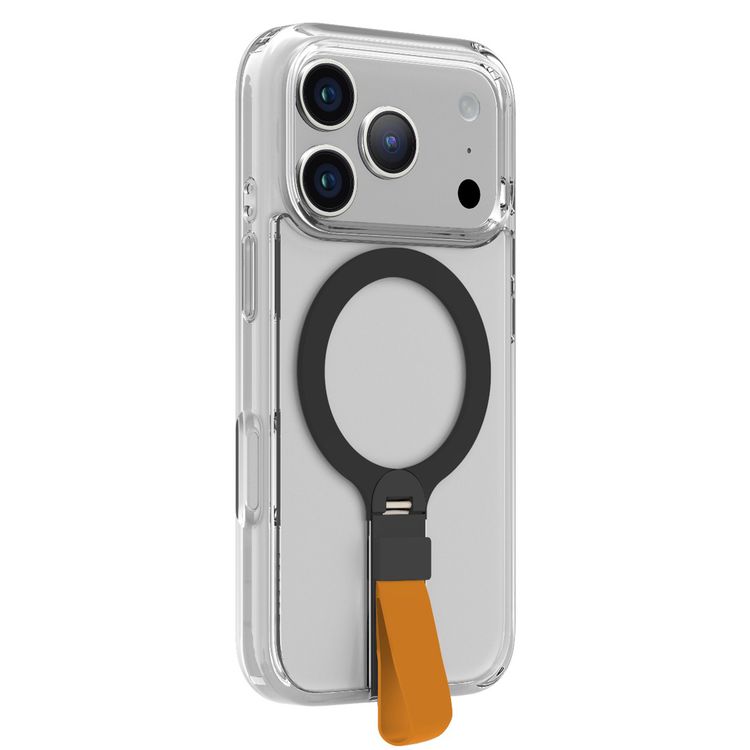 Levelo Spira MagSafe Clear Grip Case for iPhone 17 Pro, Strong Magnets, Horizontal & Vertical Viewing, Shock-Resistant Bumper, Anti-Scratch, 360° Rotating Metal Kickstand - Sunrise Orange