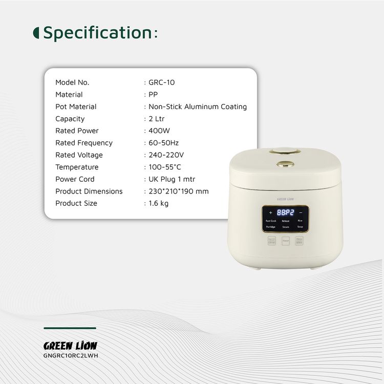 طباخة الأرز الرقمية جرين ليون GRC-10، سهلة التنظيف، تحكم باللمس، وضع الحفاظ على الدفء، فتحة تهوية، سعة 2 لتر، 6 أوضاع للطهي - أبيض