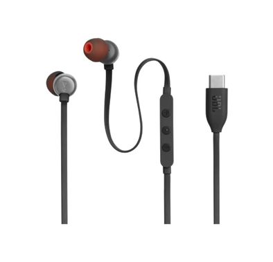 JBL T310C USB-C Wired Earphones, High Resolution Audio, Tangle-Free Flat Cable, Digital to Analog Converter, Compatible with PCs/Mobiles/Gaming Consoles, Pure Bass Sound - Black