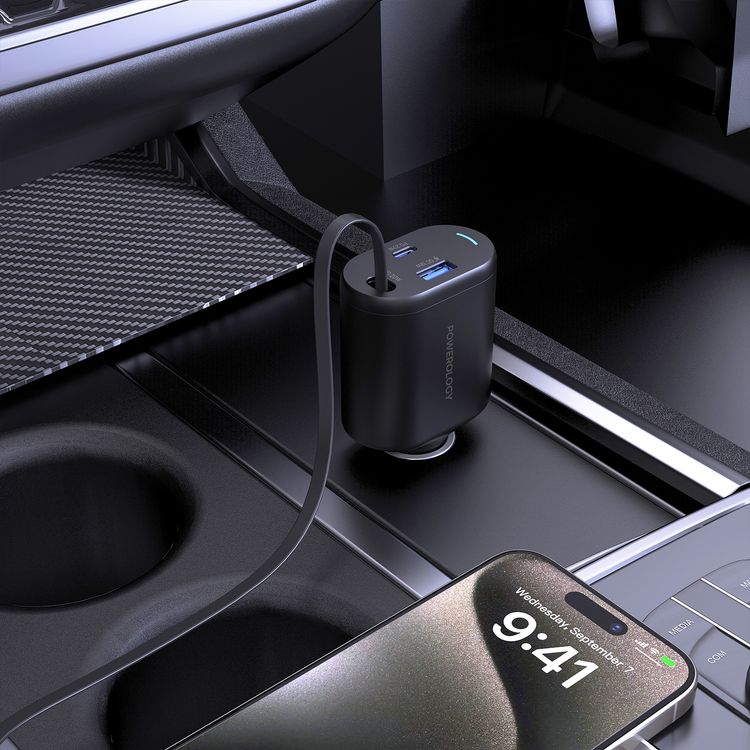 Powerology Type-C Retractable Car Charger, Dual Ports, Patented Design, Built-in Safeguards, Simultaneous Charging, Integrated Type-C Cable - Black