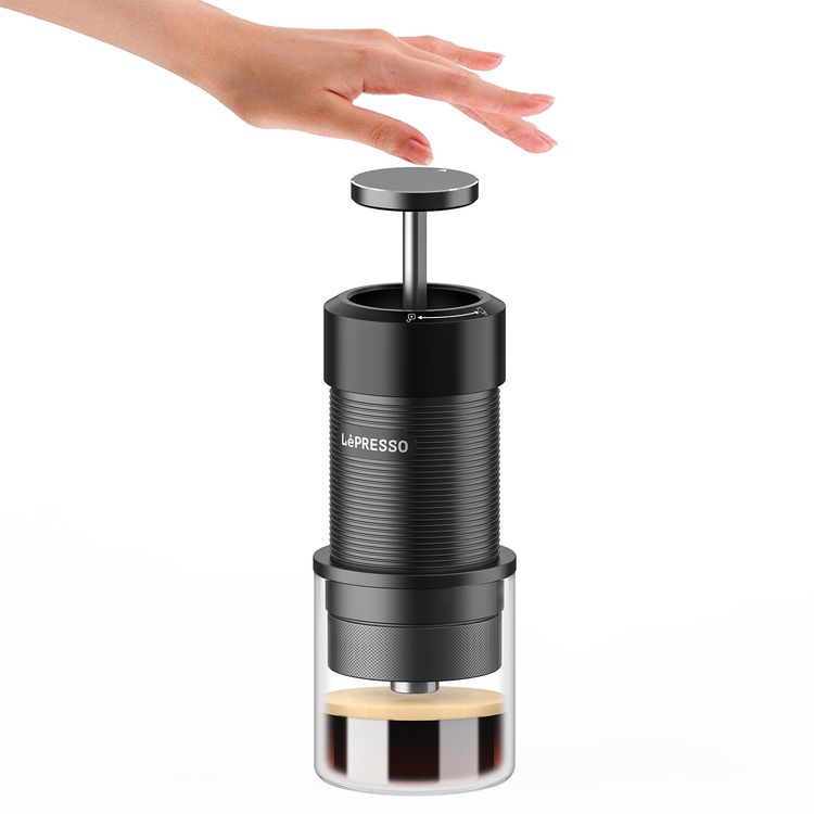 LePresso Professional Hand-Press Espresso Maker with 9 Bar Pump Pressure, Standard 51mm Portafilter, 80mL Water Tank Capacity, 15-18g Coffee Powder Capacity, 304 Stainless Steel & Aluminum Alloy Materials, Travel-Friendly Design, 2 Cups of Espresso - Black