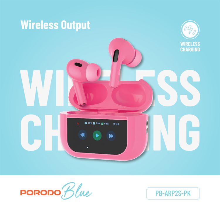 Porodo Blue AirPods Pro2 with Screen, Deep Bass, Touch Control, Camera Shutter, Music Playback, Call Management, 20 Hours Working Time, 1.47 inches Screen size - Pink