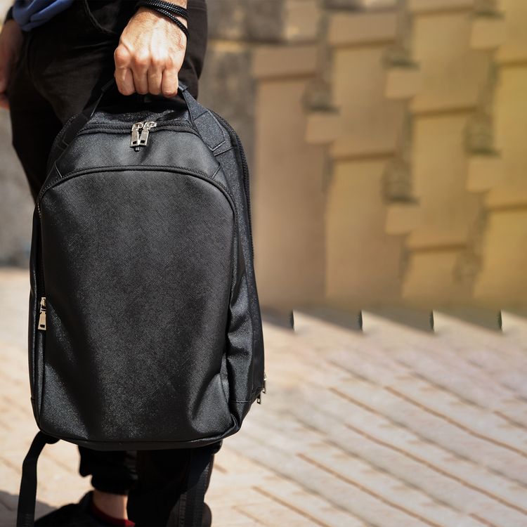 Levelo Elegancia Universal 16" Backpack with LVL Signature Logo, Leather Material, Water Resistant, Multiple Pockets - Black
