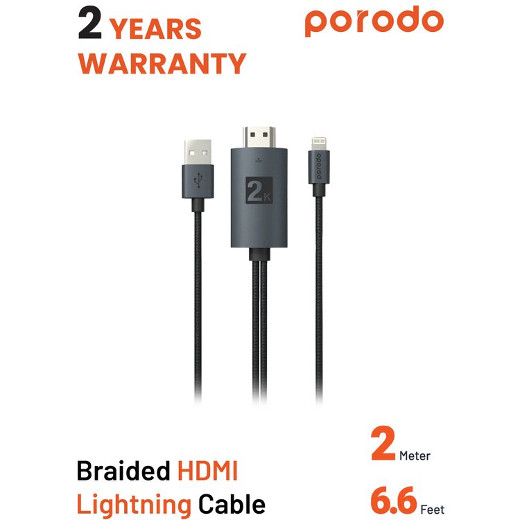 Porodo Braided 2K HDMI Lightning Cable 2M - Black