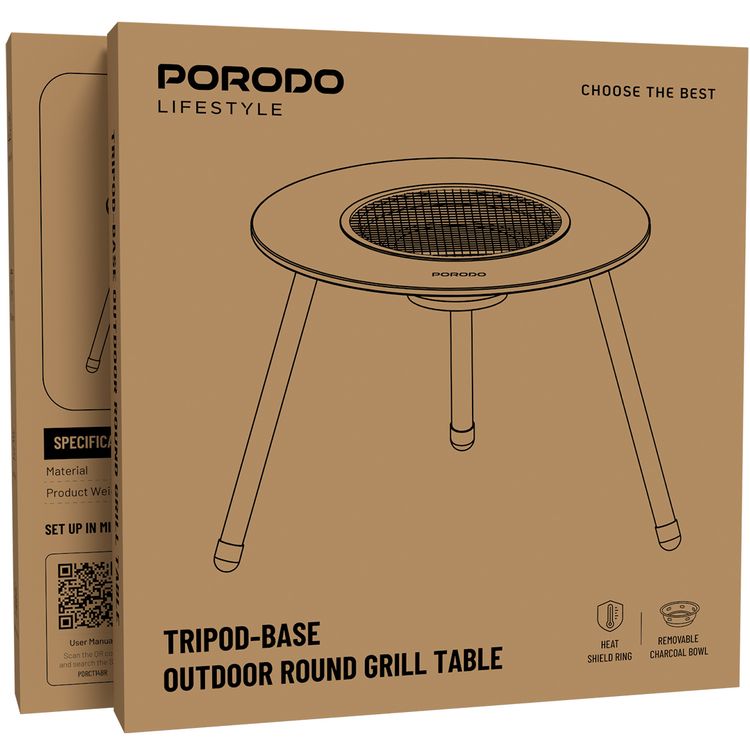 طاولة شواء خارجية دائرية من Porodo مع حلقة حماية من الحرارة، ووعاء فحم قابل للإزالة، مصنوعة من الفولاذ الكربوني - لون بني