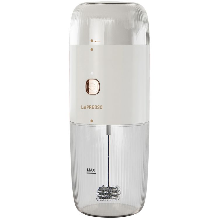 LePresso 2-in-1 Portable Milk Frother and Grinder with 19000rpm Blade Speed, 45W Power, Stainless Steel, 10-40g Bean Container, 1500mAh Battery - White