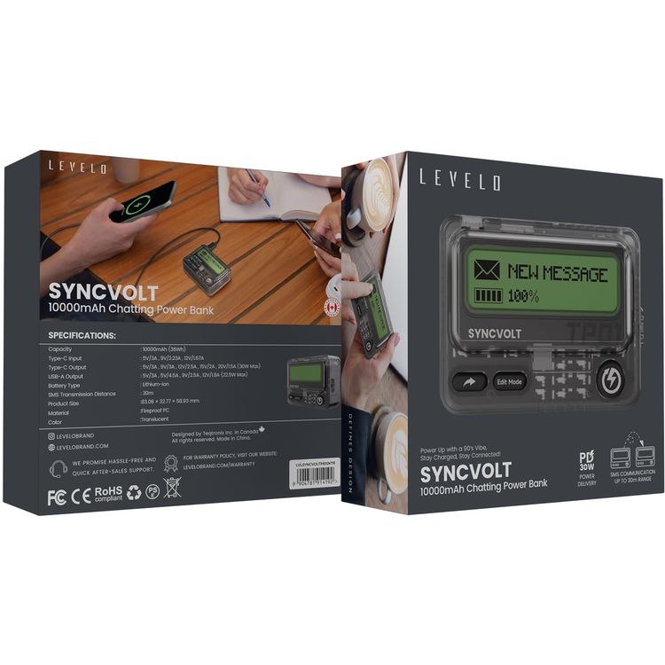 بنك الطاقة Levelo Syncvolt 10000mAh شاتينج مع منافذ إخراج USB-A وType-C، توصيل طاقة PD بقدرة 30W، شحن متزامن، اتصال عبر الرسائل القصيرة، شاشة نقطية - شفاف