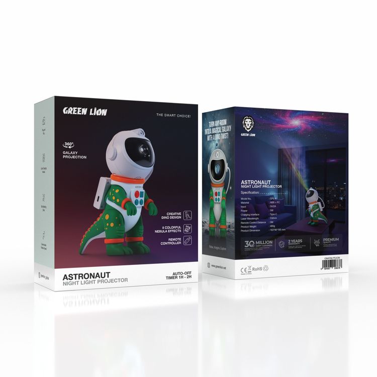 Green Lion Astronaut Night Light Projector, Type-C Charging, 8 Colorful Nebula Effects,  Customizable Rotation Speed, 360° Galaxy Projection, Remote Control, Auto-Off, Plug & Play - Green
