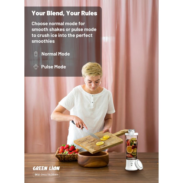 Green Lion Ultimate Blender, 600mL Jar Capacity, 6 Powerful Blades, Normal/Pulse Modes, Handy Loop, Direct drink, Two Blend Modes - White