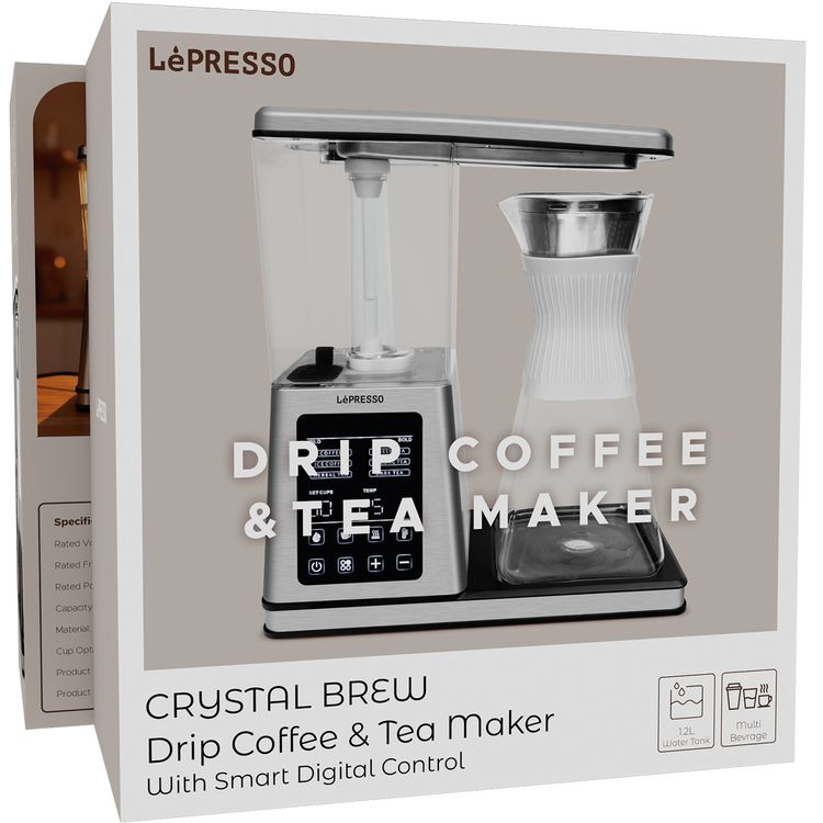 LePresso Crystal Brew Drip Coffee & Tea Maker with Smart Digital Control, 1400W Rated Power, 1.2L Capacity, 220-240V Rated Voltage, Keep-Warm Base, Smart Memory Function, Adjustable Temperature & Customizable Brewing Control - Silver