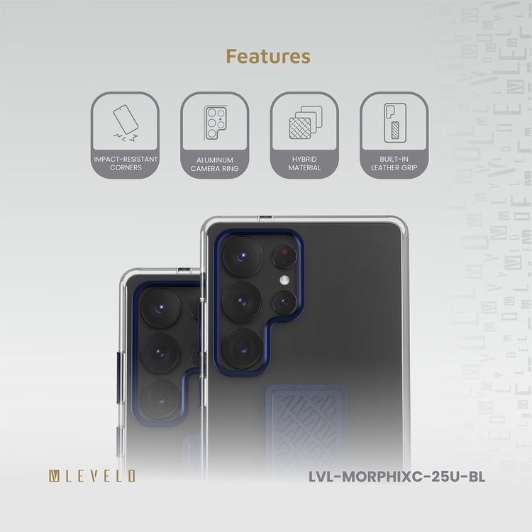 غلاف Levelo Morphix Clara بمقبض جلد مدمج لهاتف Samsung Galaxy S25 Ultra، مصنوع من مادة TPU، زوايا مقاومة للصدمات، حلقة كاميرا معدنية، مادة هجينة - أزرق