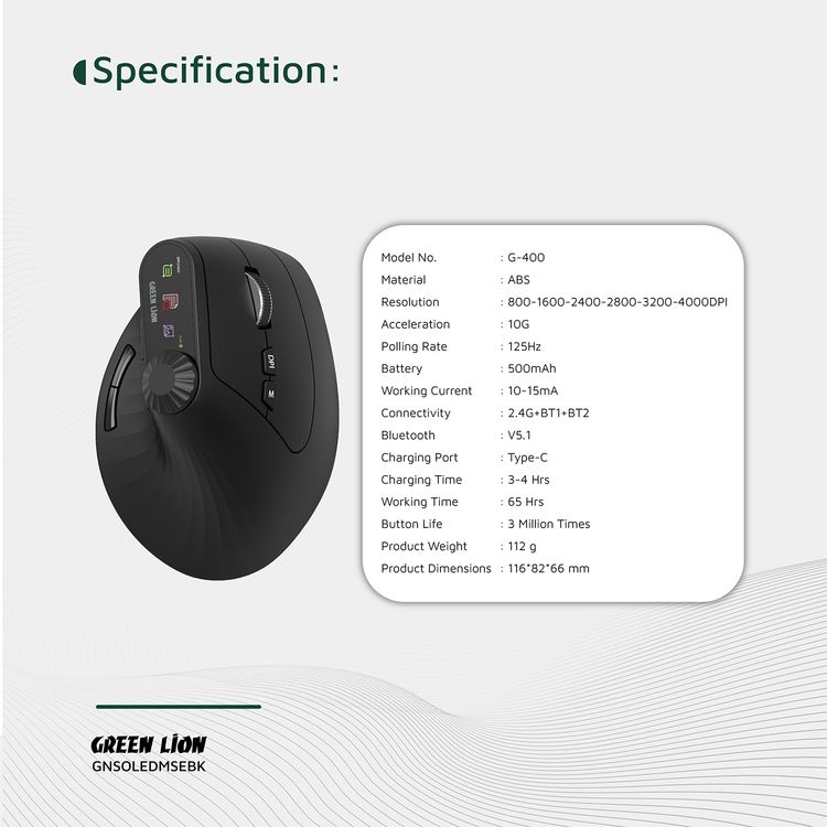 Green Lion Smart OLED Vertical Mouse with Ergonomic Design, Multi-Function Knob, 65 Hours Working Time, Dual Mode Switching - Black