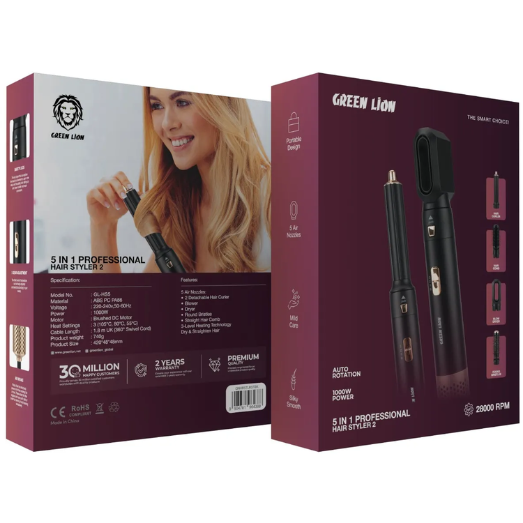 Green Lion 5-in-1 Professional Hair Styler 2 with Safety Lock, 1000W Power, 28000RPM Motor Speed, 3 Heat Settings, 360° Swivel Cord, Auto Rotation, Portable Design, ABS, PC & PA66 Materials - Black