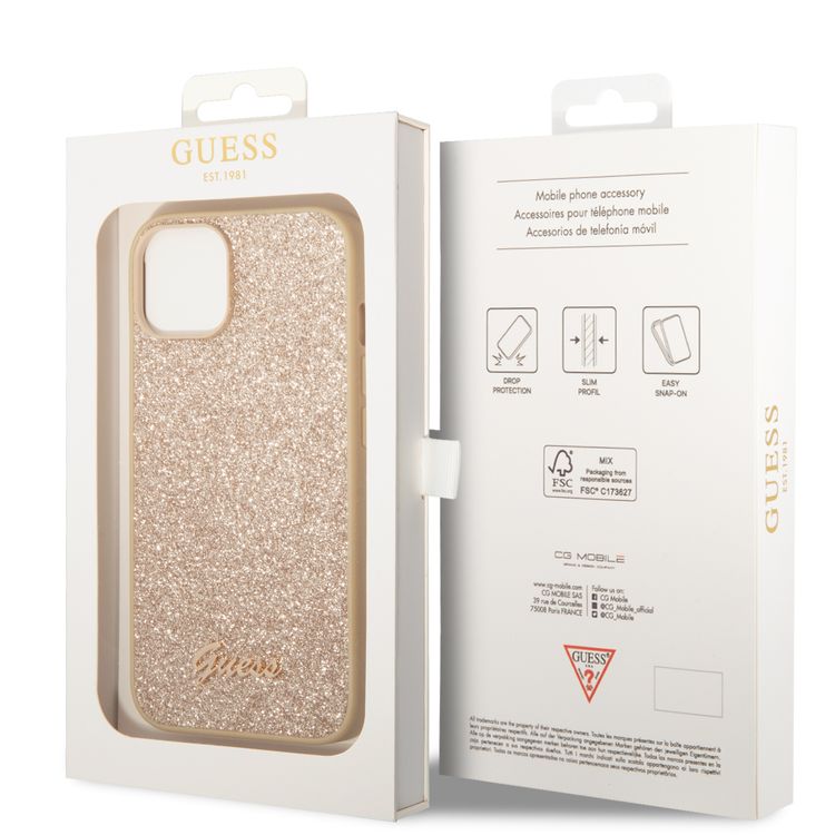 Guess PC/TPU Glitter Flakes Case with Script Metal Logo iPhone 14 Plus Compatibility - Gold