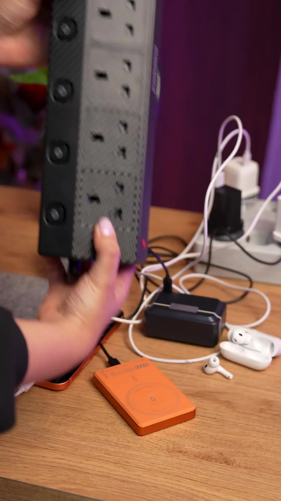 Porodo Voltguard Multiple Ports Power Socket with 80cm Retractable Type-C Cable, PD 20W, UK Plug,   5 AC Sockets, USB-A & USB-C Ports, Built-in Clamp - Black