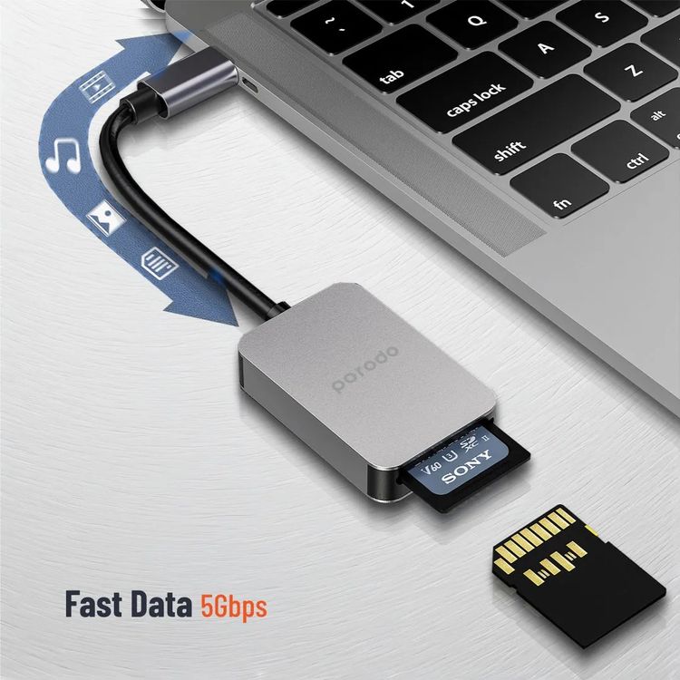 Porodo 2-in-1 USB-C Card Reader with Type-C Input, SD V4.0 & Micro SD V3.0 Super Speed Slots, 5 Gbps Data Transfer Speed, Super Lightweight and Portable - Gray 