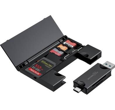 Porodo Blue 2 in 1 Card Reader with Card Holder - Black