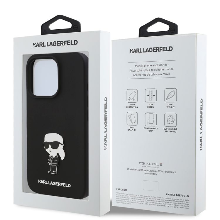 جراب صلب من السيليكون TPU من Karl Lagerfeld مع شعار Ikonik لأيفون 16 برو، مادة متينة، قبضة مريحة وآمنة، خفيف الوزن ونحيف - أسود