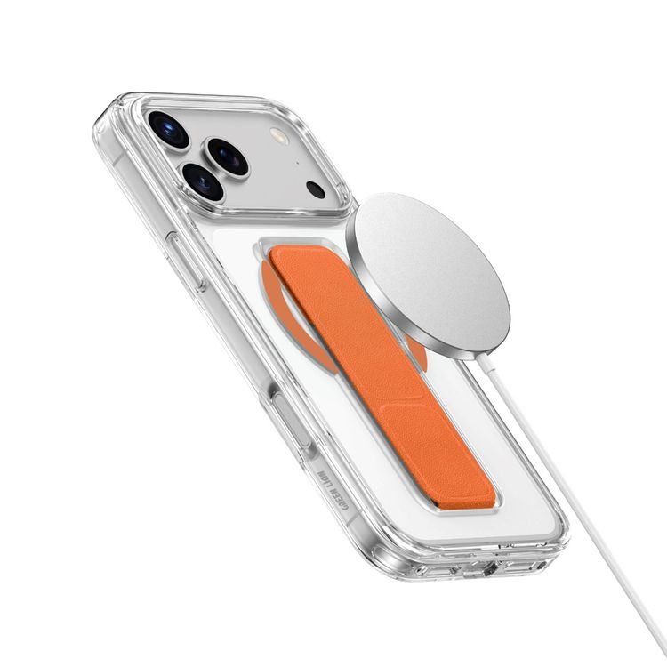 Green Lion MagSafe Leather Grip Case for iPhone 17 Pro Max, Crystal Clear, Scratch Resistance, Leather Grip Strap, Strong Magnets, Military Grade Protection - Orange Titanium