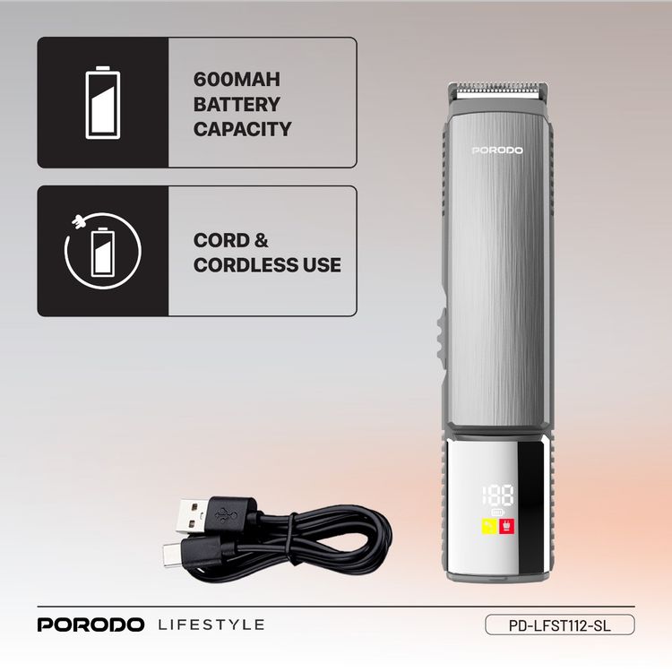 Porodo Lifestyle 14-in-1 Trimming Kit with IPX6 Waterproof Rating, Length Customization, Cord & Cordless Use,  600 mAh Battery Capacity - Silver 