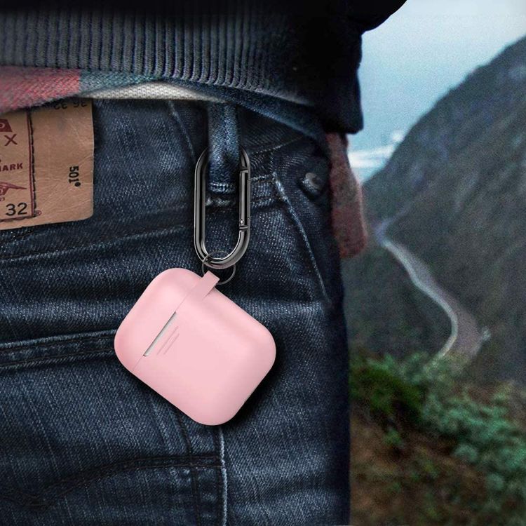 AhaStyle Keychain Silicone Case with Anti-Lost Ring for AirPods 1/2 Generation, Drop Resistant, Dustproof and Absorbing Protective Cover with Hang Case Pink