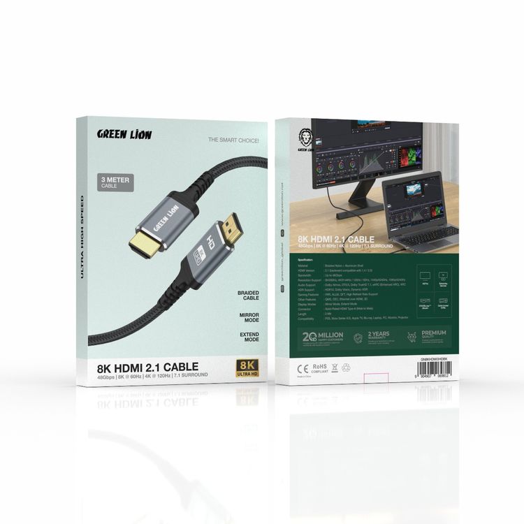 Green Lion 8K HDMI to HDMI Cable with 48Gbps bandwidth, 8K@60Hz Resolution, HDMI 2.1, 3 m Cable Length, Mirror & Extend Modes, Braided Cable - Black