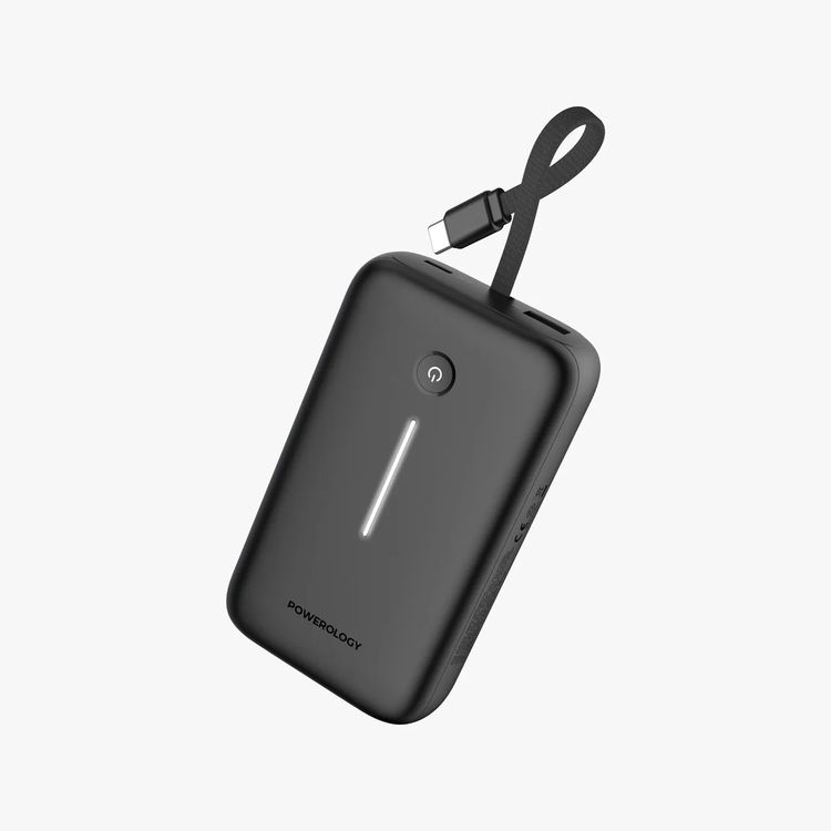 Powerology 20000mAh Power Bank with Detachable USB-C Wire, 30W Power Delivery, 3-Device Charging, Long Time Standby, Universal Phone Compatibility, Built-in Safeguards - Black