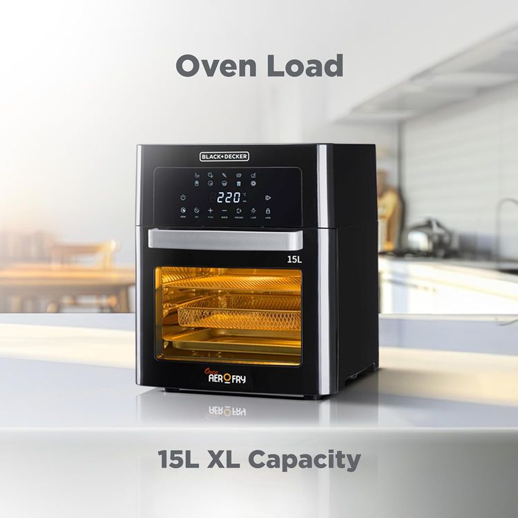 قلاية هوائية رقمية من بلاك+ديكر، باستطاعة 1700 واط، سعة عائلية 15 لتر، تحكم باللمس، 10 وظائف مسبقة الضبط، درجة حرارة قابلة للتعديل من 80-220 درجة مئوية، طبخ بواسطة الحمل الهوائي السريع، طهي خالي من الدخان – أسود