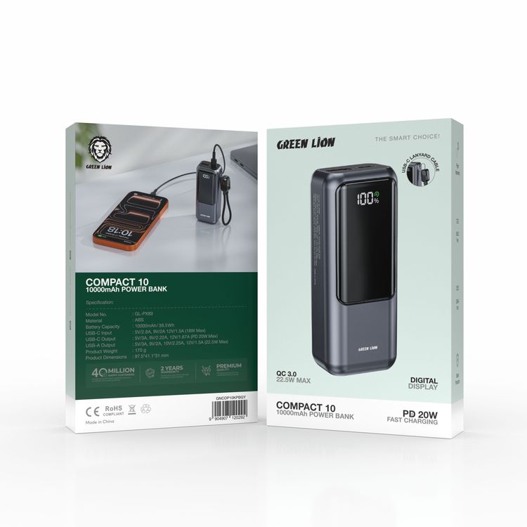 Green Lion Compact 10 Power Bank with 10000mAh Battery Capacity, Digital Display, Safety Protection, Flight Approved, USB-C Lanyard Cale, PD 20W Fast Charging, USB-A & USB-C Output Ports - Gray