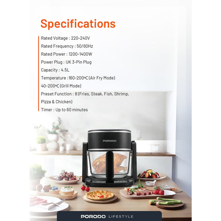 قلاية هوائية وشواية من بورودو لايفستايل بتصميم مزدوج مع 8 وظائف مبرمجة مسبقًا، سعة 4.5 لتر، حاوية زجاجية مقاومة للحرارة، مؤقت يصل إلى 60 دقيقة، قابس كهربائي ثلاثي الأطراف - لوحة لمسية - أسود