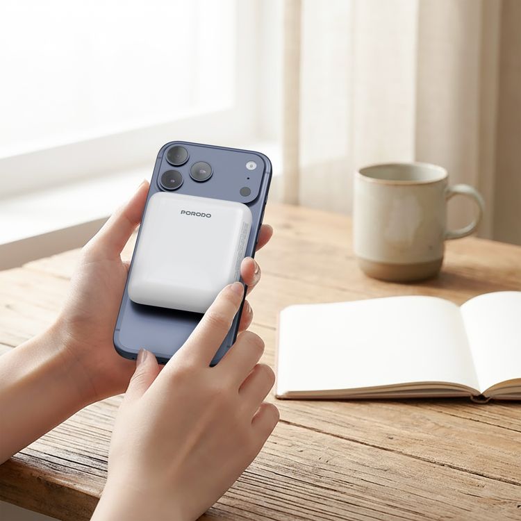 Porodo Sovo 5000mAh Power Bank with MagSafe Compatibility, Charging LED Light, USB-C Input & Output Port, PD 20W Fast Charging, 15W Wireless Output, Compact Design - White