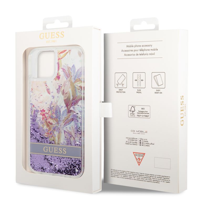 Guess Liquid Glitter Case with Flower Pattern Extra Shine Smooth Touch Feel iPhone 14 Compatibility - Purple