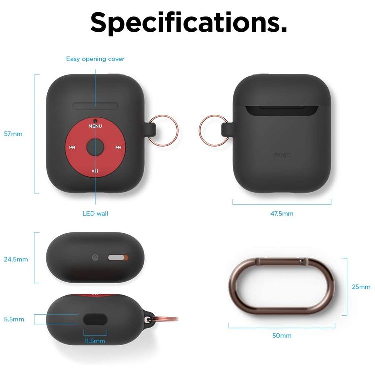 Elago AW6 Hang Case Designed with Anti-Lost Carabiner Compatible for Apple AirPods  1 & 2 Generation, Classic Music Player Design, Supports Wireless Charging, Scratch Resistant