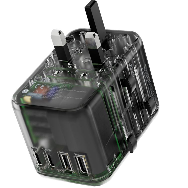 Powerology 65W PD Universal Multi-Port Travel Adapter with Triple USB-C Outputs, Universal Plugs, Combined Output Mode, Lightweight & Portable, Travel Friendly - Transparent / Gray 