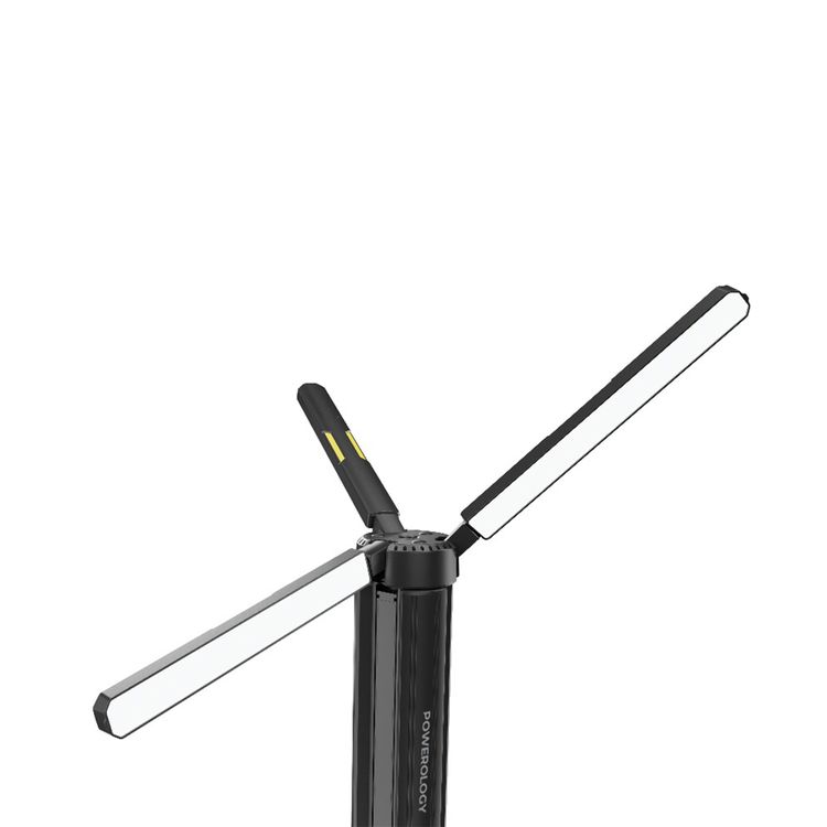 Powerology Luntra 15600mAh Foldable Camping Light with Power Bank Function, 5 Lighting Modes, 30W Rated Power, Up to 60 Hours Battery Life, Adjustable Telescopic Rod, Top Spotlight Beam - Black