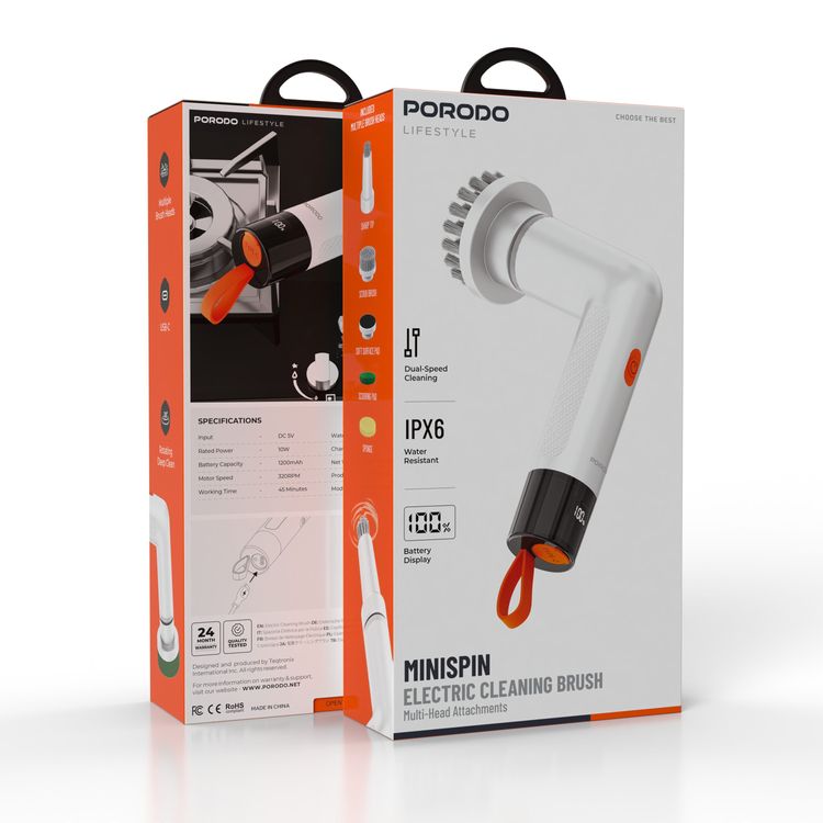 Porodo Lifestyle MiniSpin Electric Cleaning Brush with 5 Heads, Type-C Fast Charging, 360° Rotating Deep Clean, IPX6 Water Resistance, 1200mAh Battery, Dual-Speed Cleaning – White