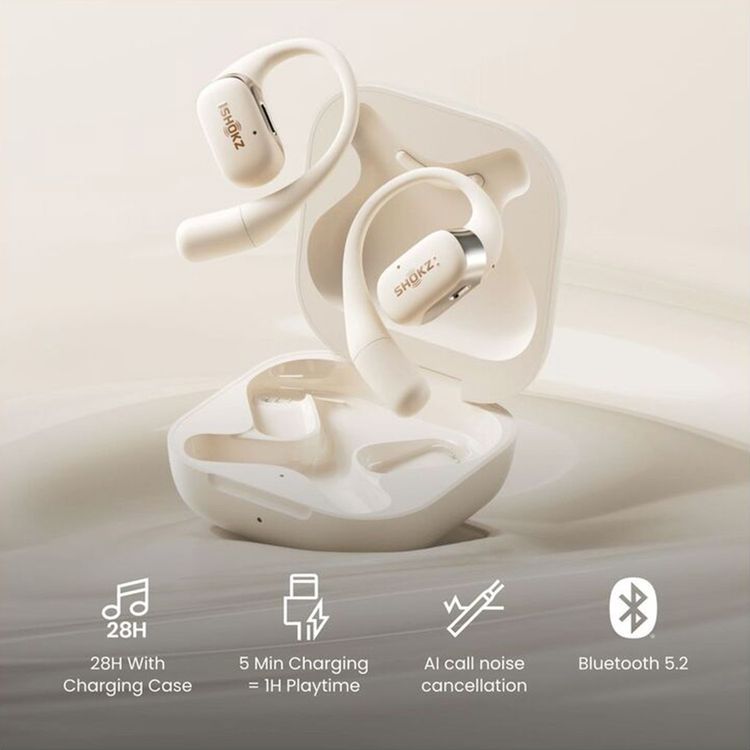 SHOKZ OpenFit True Wireless Earphones, Up to 28 Hours Battery Life, Up to 120 Minutes Charging Time, Built-in Microphone, AI Call Noise Reduction, 10 m Wireless Range - Beige