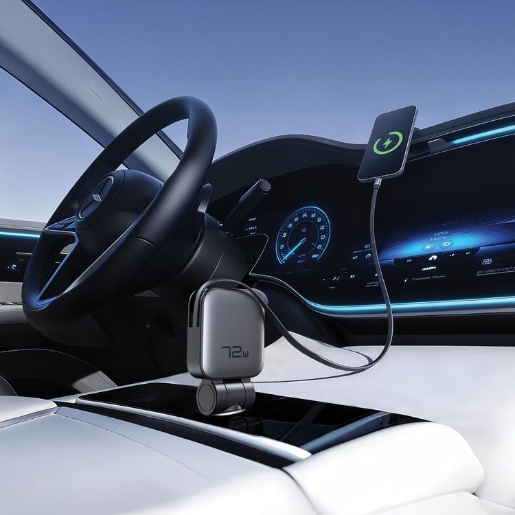 Green Lion Retractable 72W Car Charger with Soft Ambient LED, USB-A & USB-C Output Ports, Flexible & Adjustable, Safety Protection, PD 45W, 80cm Retractable USB-C Cable, ABS + Flame Retardant PC Material - Gray