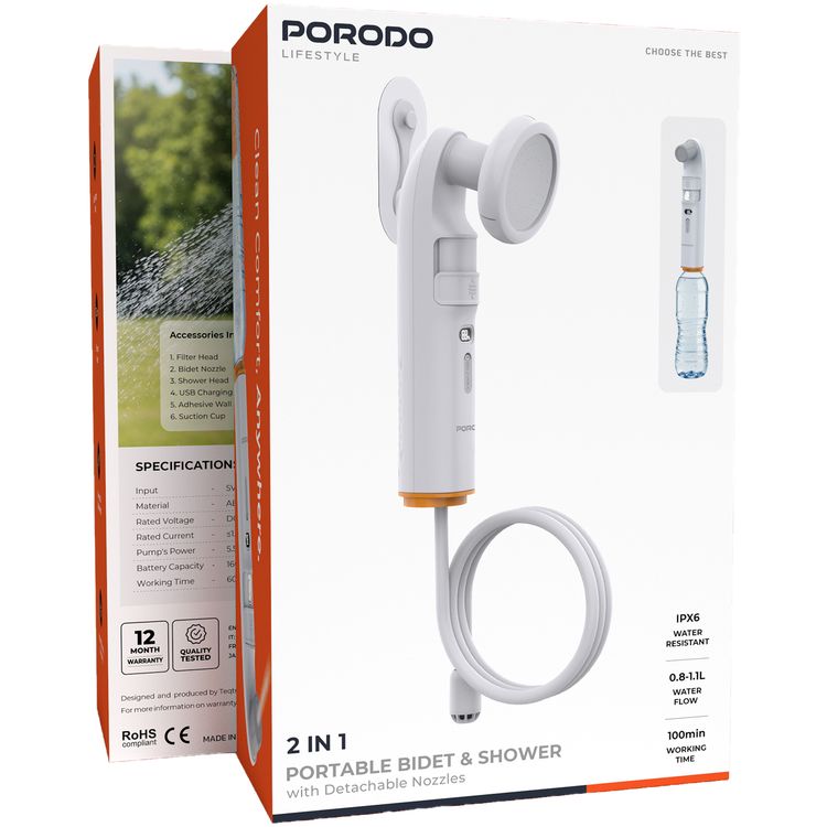 Porodo 2-in-1 Portable Bidet & Shower with Detachable Nozzles, Up to 100 Minutes Working Time, 1600mAh Battery, 1.2m Hose Length, High-Efficiency Pumping, Dual Water Inlets, Compact & Lightweight Design - White