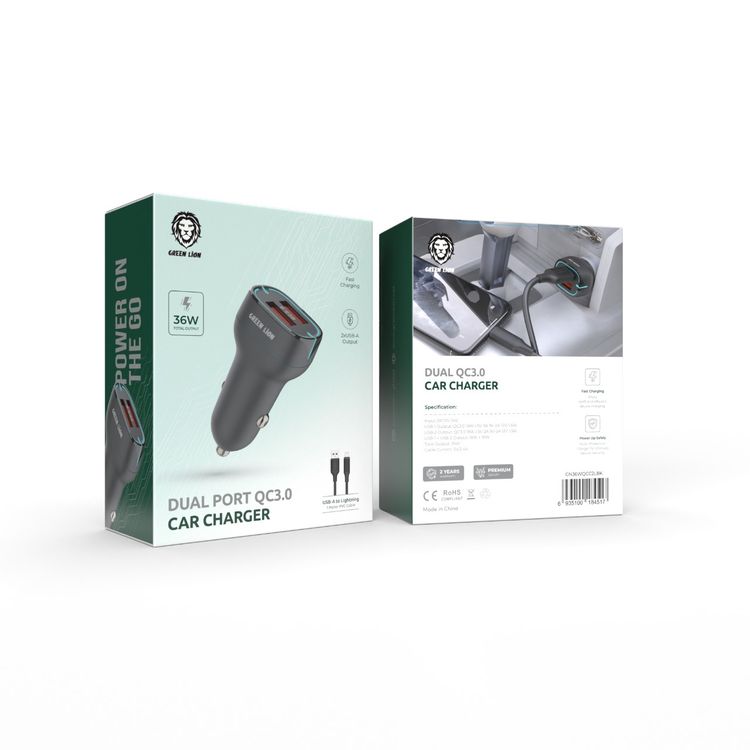 Green Lion Dual Port QC3.0 Car Charger With USB-A to Lightning Cable, 36W Total Output, 1m Cable Length, Fast Charging, Power Up Safely - Black