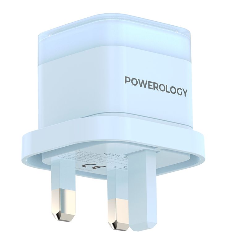 Powerology Lunex Dual-Port Fast Charging Adapter with USB-C & USB-A Ports, 35W Power Delivery, 22.5W USB-A Output, UK 3-Pin Plug, Universal Protocol Support, Multi-Device Charging - Blue
