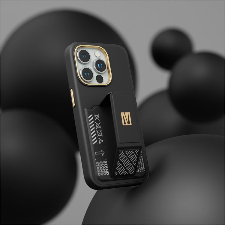 Levelo Morphix Cuero Gripstand Case for iPhone 15 Pro Max with Cardholder, Multi-Positioning Modes, PU Leather Material, Shock-Proof Edges - Black