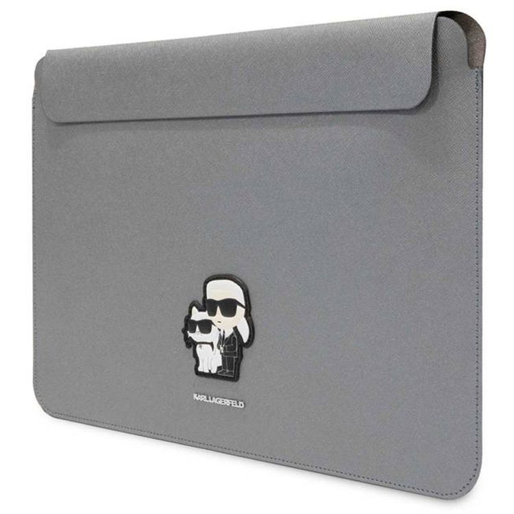 Karl Lagerfeld  Saffiano Laptop Sleeve for Computer 13" / 14" with Karl & Choupette NFT Logo, Genuine Leather Material, Water-Resistant, Magnetic Lock - Silver