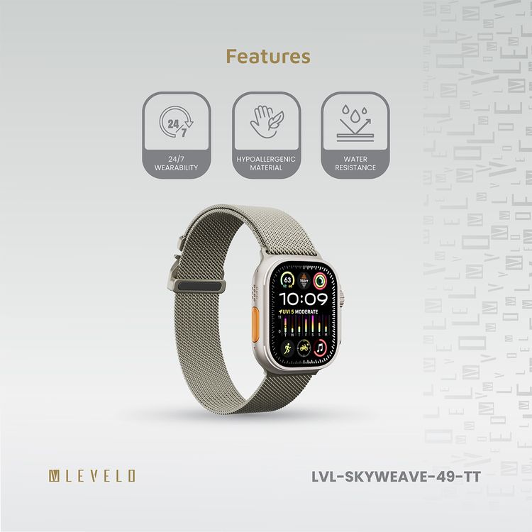 حزام ساعة Levelo SkyWeave، متوافق مع الساعات الذكية 49/46 ملم وساعة Apple Watch SE، السلسلة 9، 8، 7، 6، 5، هيكل من قطعتين، مقاوم للماء، للارتداء على مدار الساعة طوال أيام الأسبوع - التيتانيوم