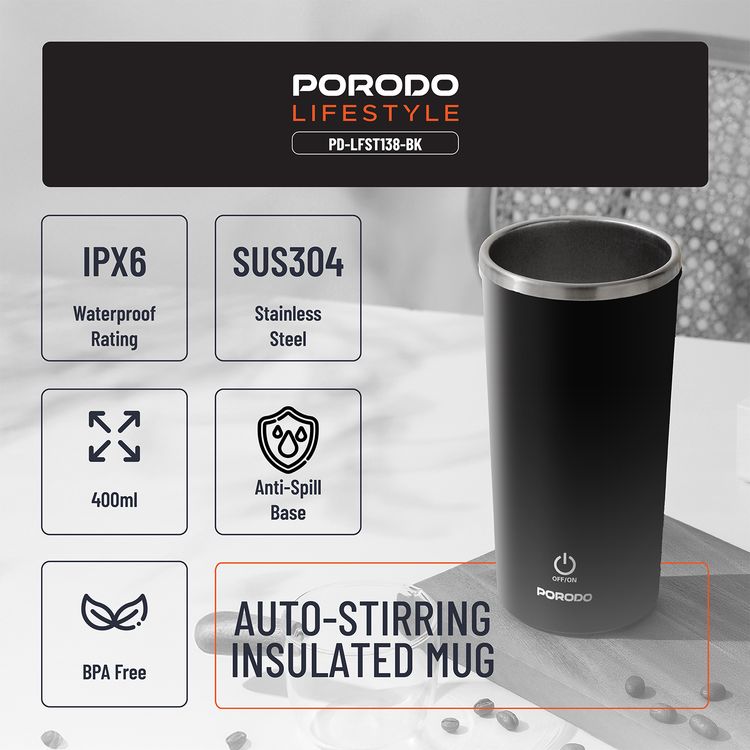 كوب بورودو لايفستايل المعزول ذو التحريك التلقائي بسعة 400 مل، قاعدة مانعة للانزلاق، سعة بطارية 300 مللي أمبير، وقت خلط 120 ثانية مع توقف تلقائي - أسود